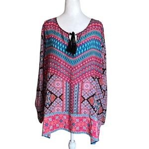 Tolani Silk Wide Sleeve Boho Multicolored Printed Blouse Size 2X